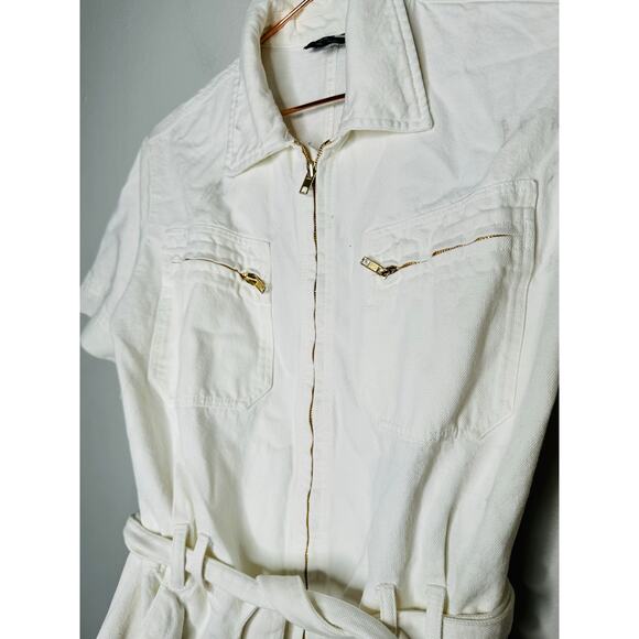 A.P.C. White Cotton Denim Collared Gold Zipper Front Tie Waist Romper Size 38 - Picture 10 of 12